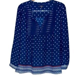 NYDJ Floral Print Blouse – Blue & White – Tassel Detail – Size L